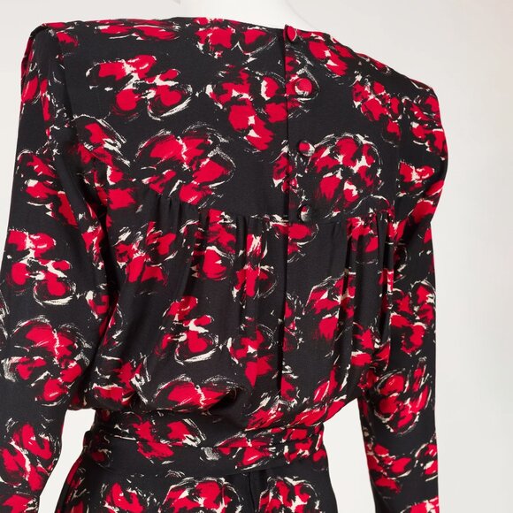 1980s Vintage French Red Floral Print Black Silk Belted Dress Sz S M - Picture 5 of 7